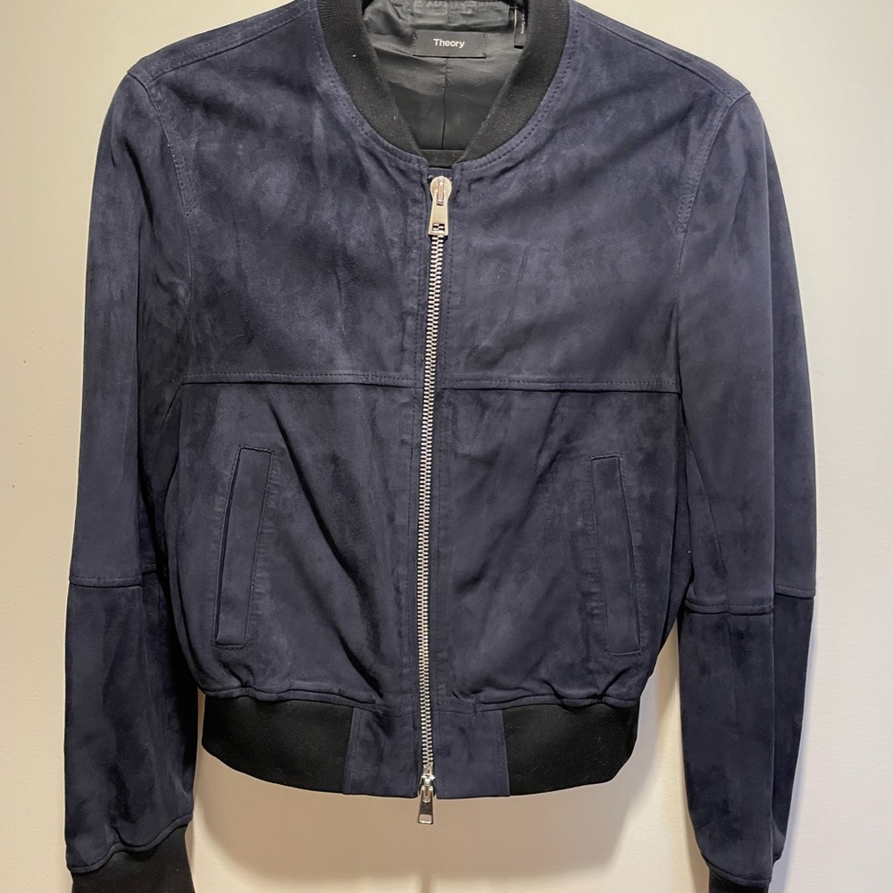 Theory Navy Suede Bomber Jacket